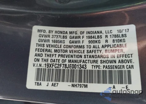 2018 Honda Civic Ex z USA, uszkodzony, nr VIN 19XFC2F78JE001343